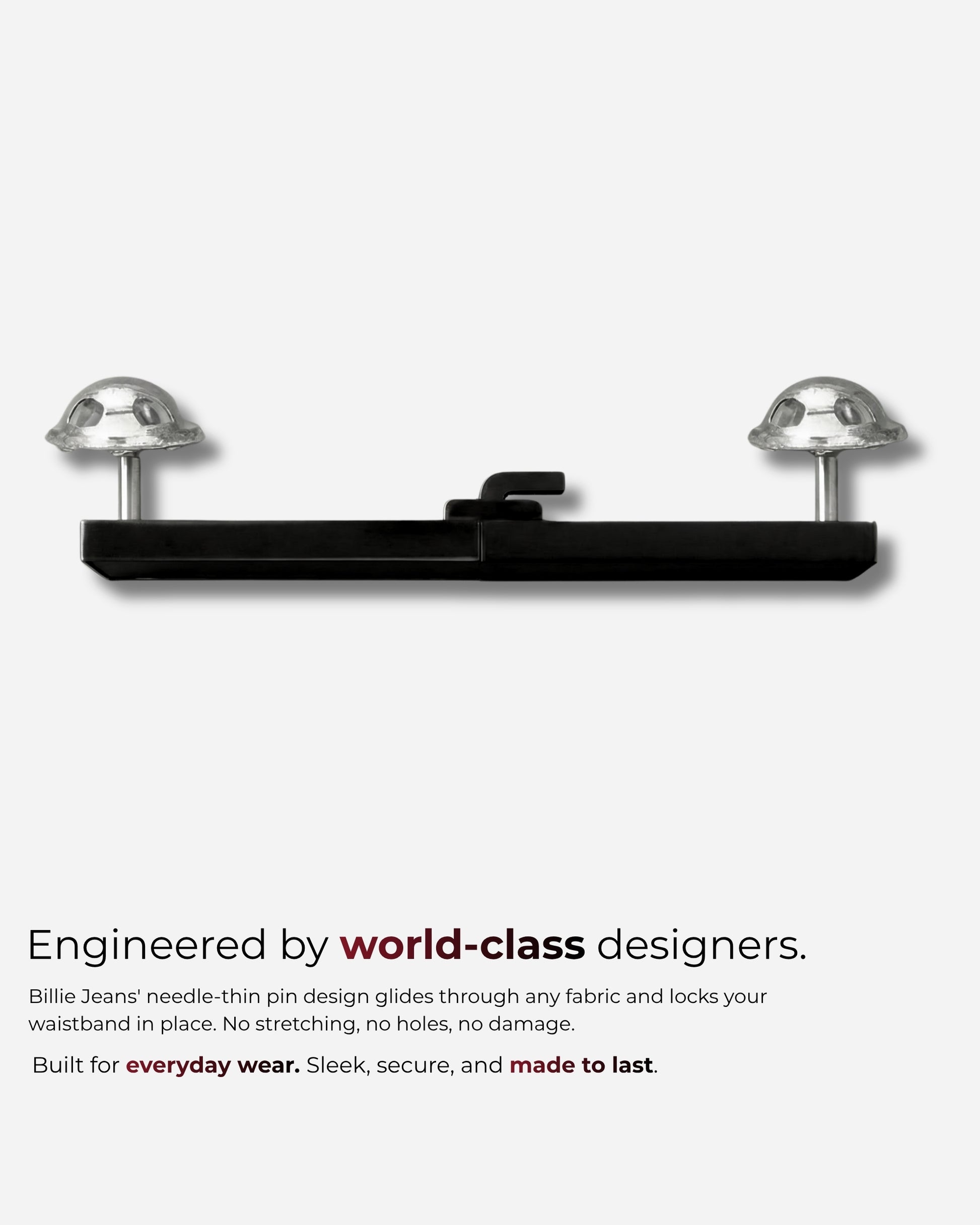 Black fastening device with two clear domes on a plain background.