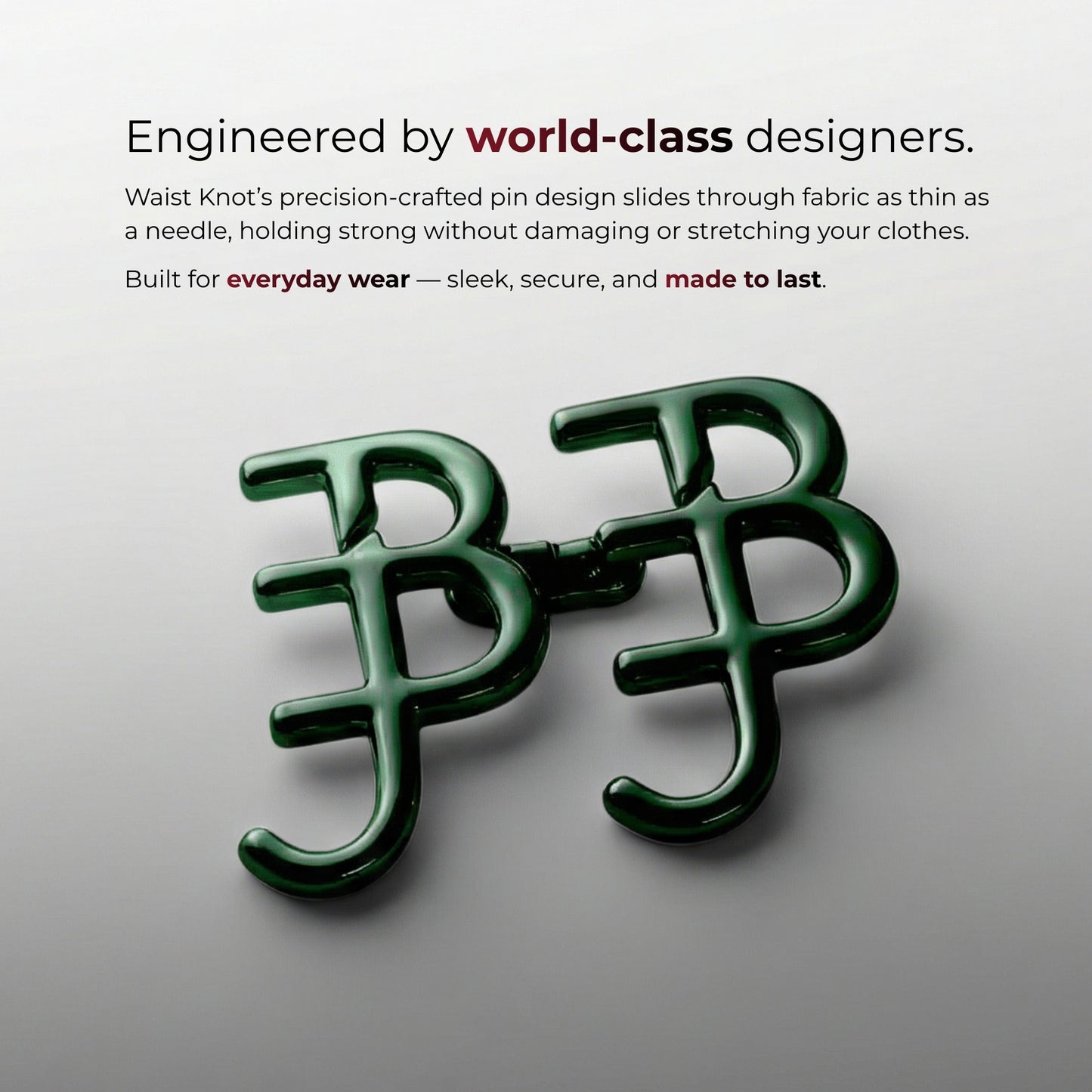 Green bow tie with brand initials on a gray background, featuring text about world-class design and everyday wear.