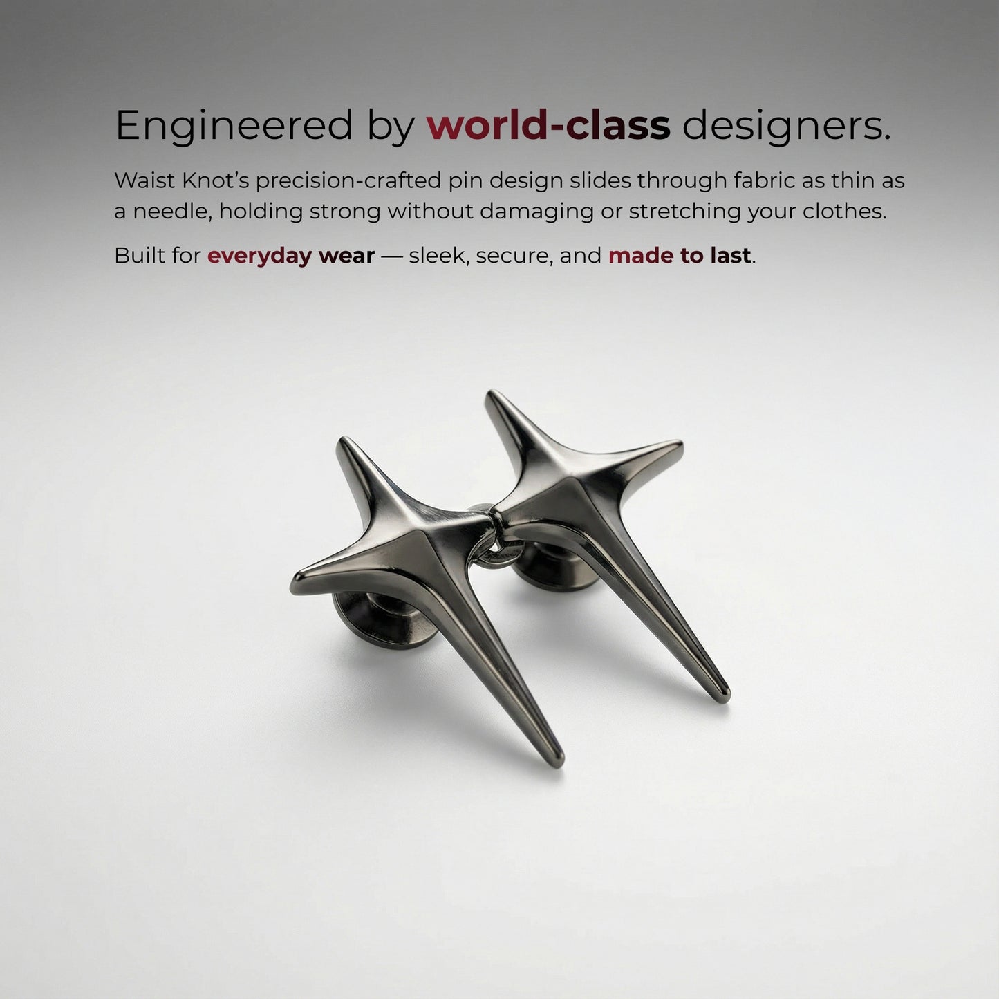 Star-shaped metal pin on a light gray background with text about world-class designers and product features.