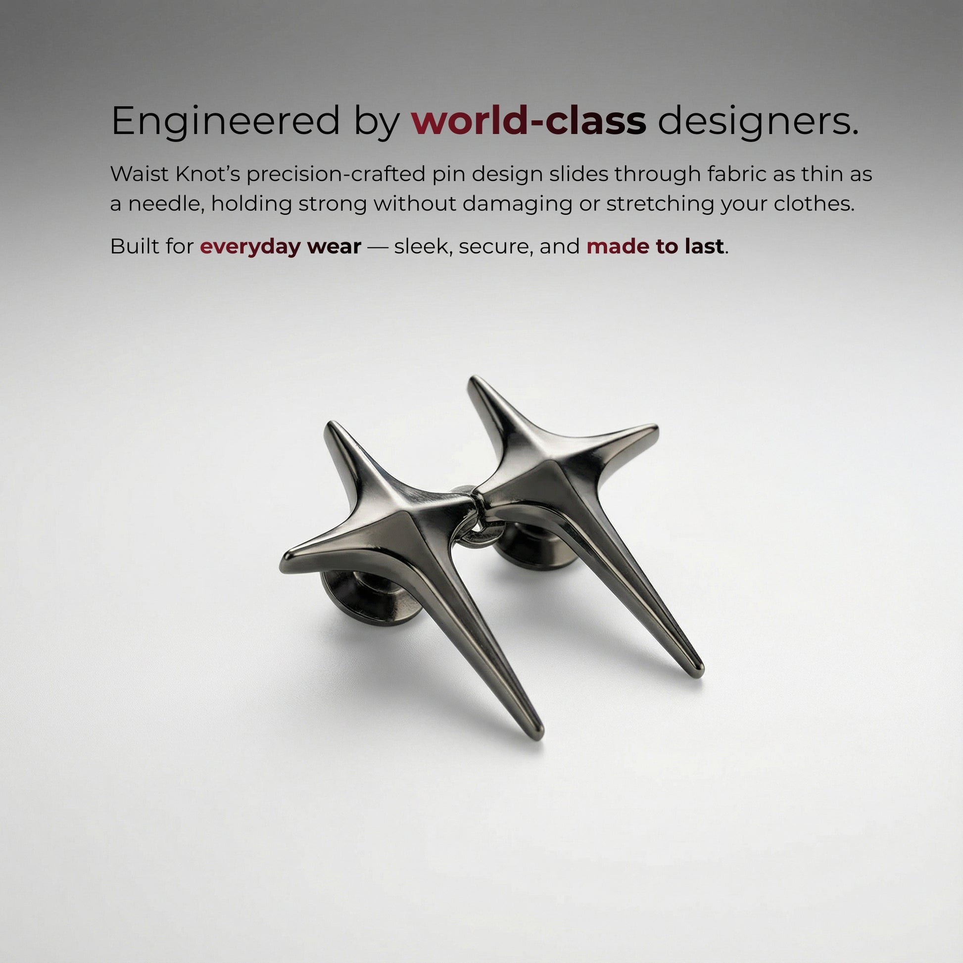 Star-shaped metal pin on a light gray background with text about world-class designers and product features.