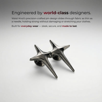 Star-shaped metal pin on a light gray background with text about world-class designers and product features.