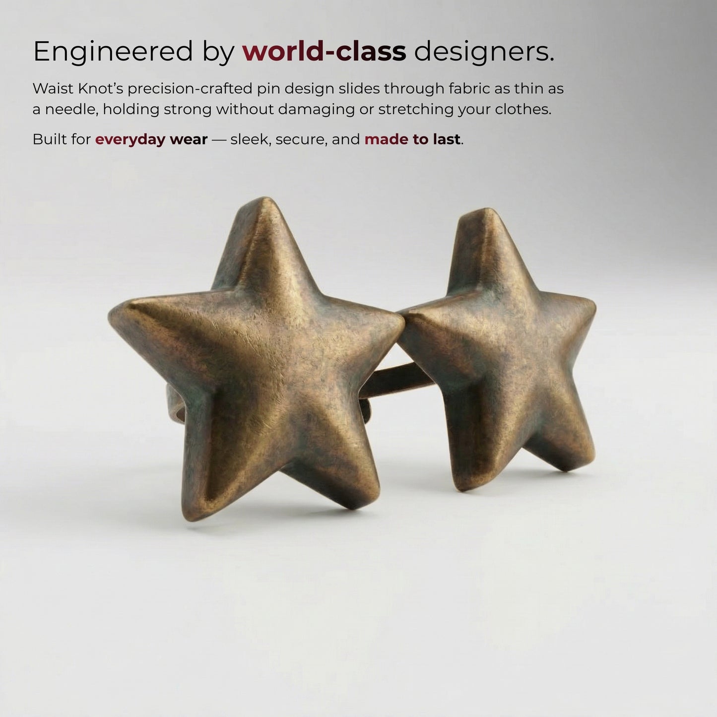 Bronze star-shaped pins on a white background with text about their design and features.
