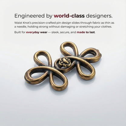 Bronze waist knot on a light gray background with text about its design and features.