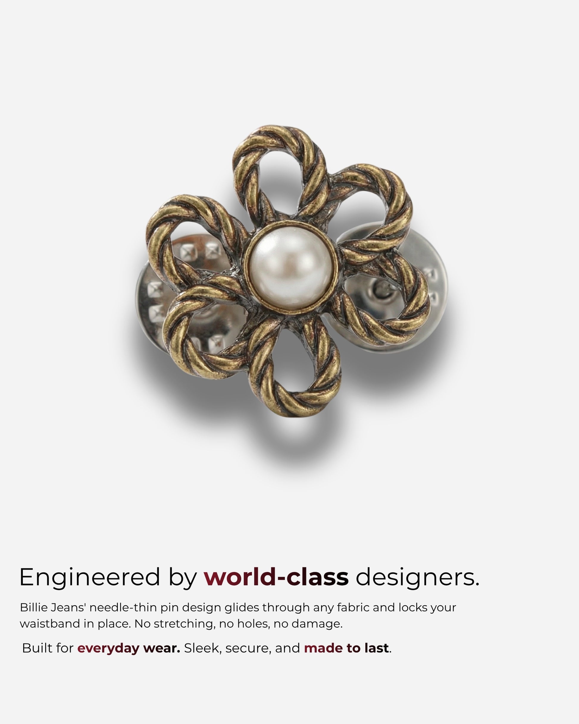 Flower-shaped pin with a pearl center and twisted metal design.