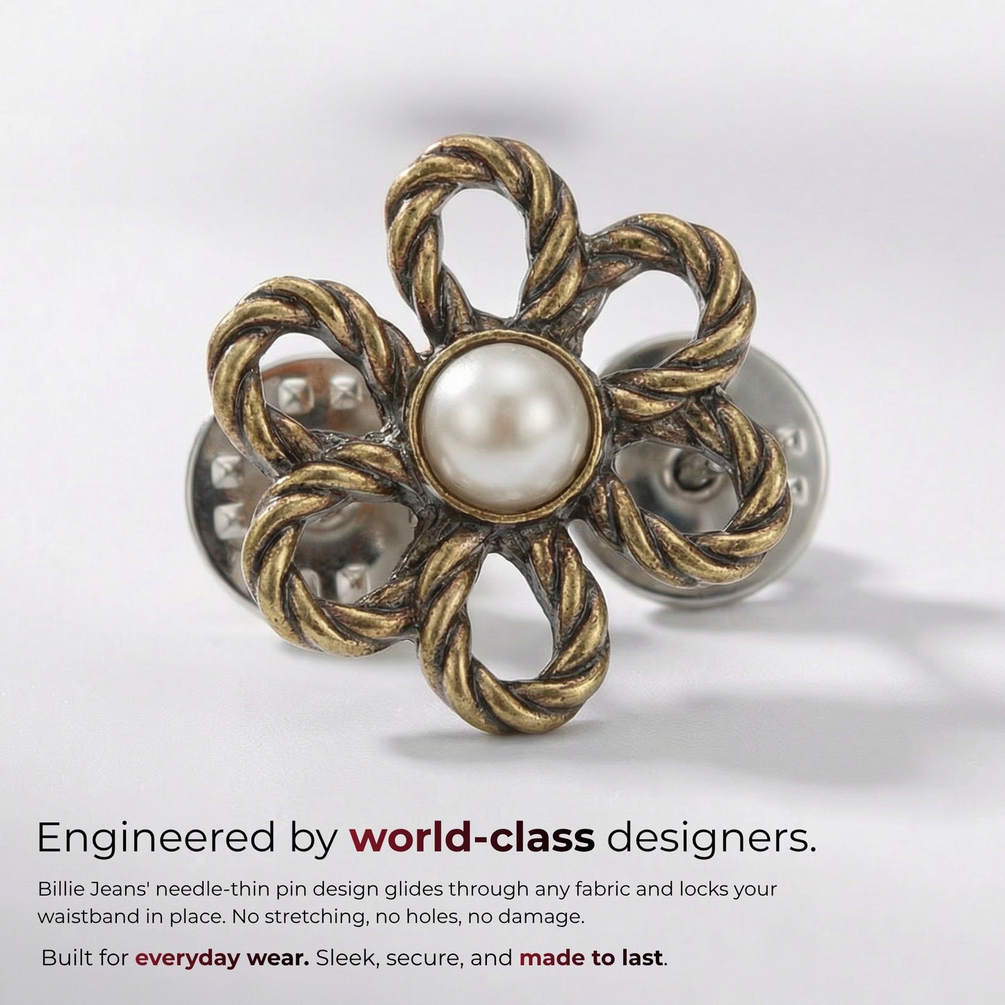 Billie Jeans antique brass rope-twist flower jeans pin with pearl center