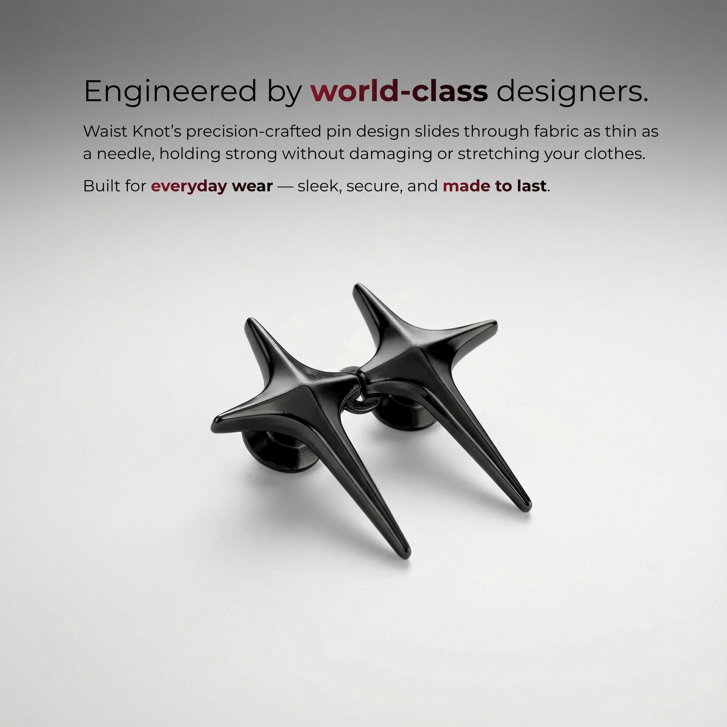 Black waist knot on a light gray background with text about world-class designers and product features.