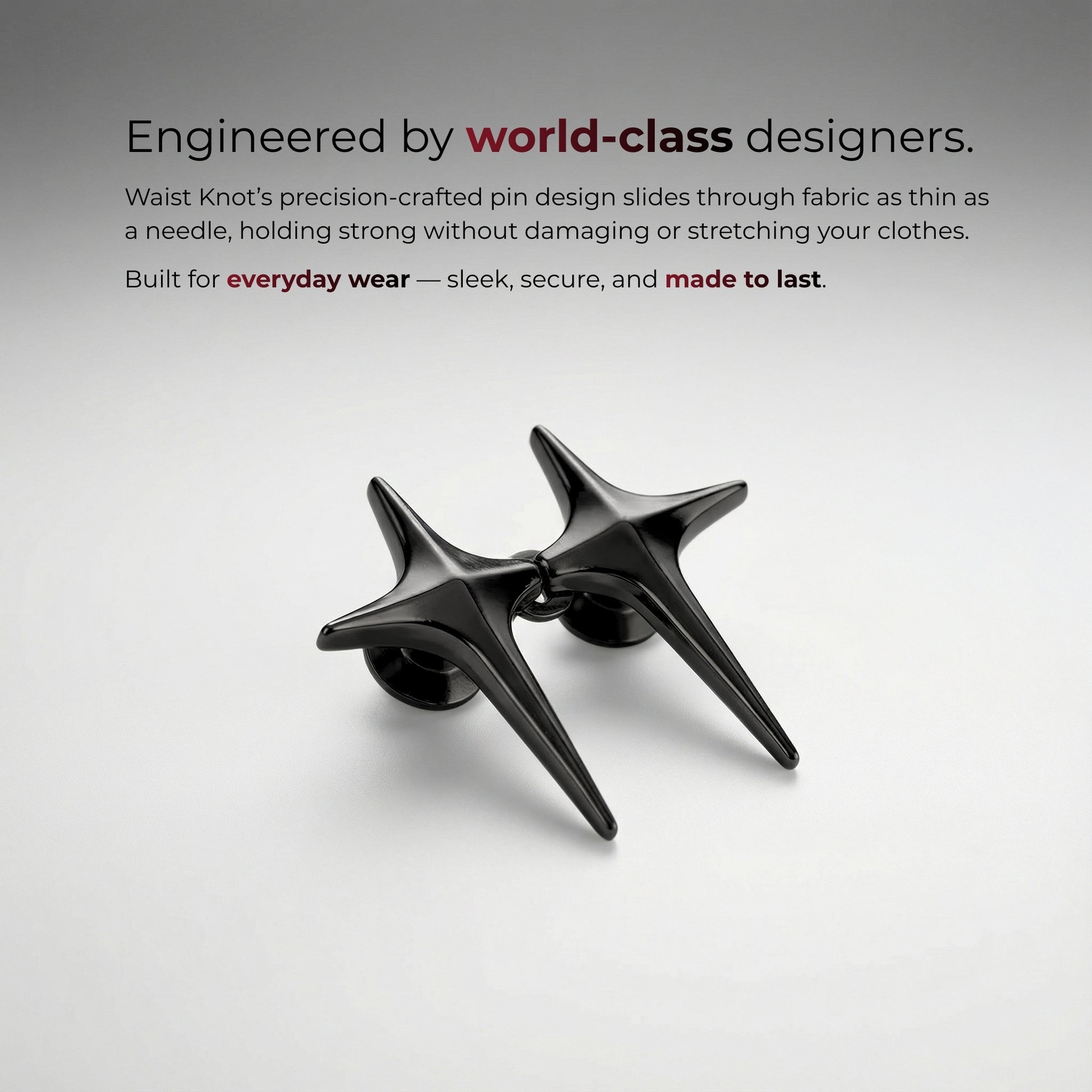 Black waist knot on a light gray background with text about world-class designers and product features.