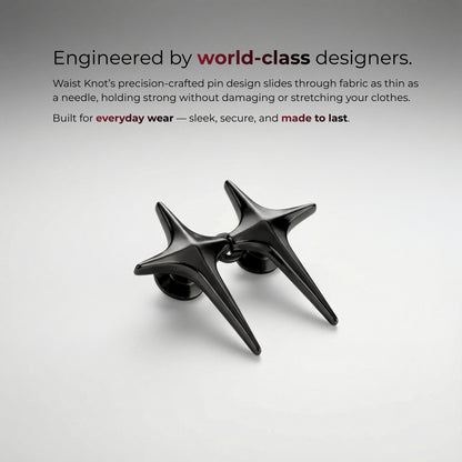 Black waist knot on a light gray background with text about world-class designers and product features.