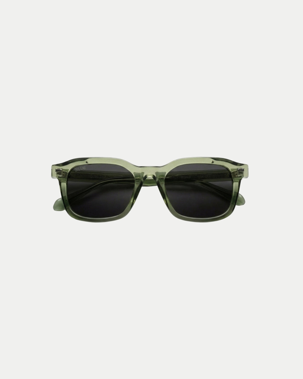 Billie Sunglasses Nova in olive green with black lenses, square acetate frame on a light background