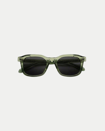 Billie Sunglasses Nova in olive green with black lenses, square acetate frame on a light background