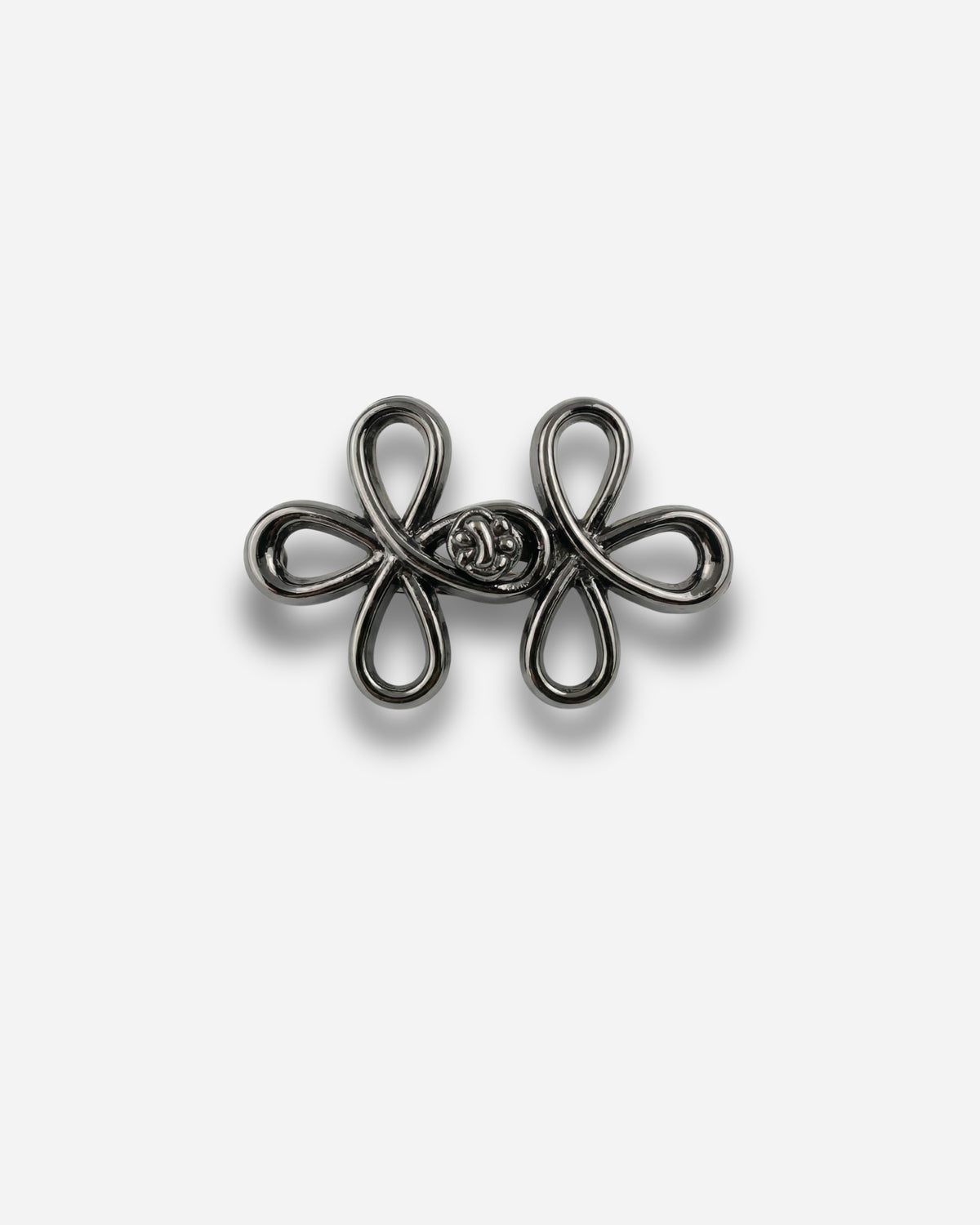 Billie Jeans Pins Sculpted jeans pins in gunmetal black, two looped sculpted pins with butterfly clasps, front view on a light background