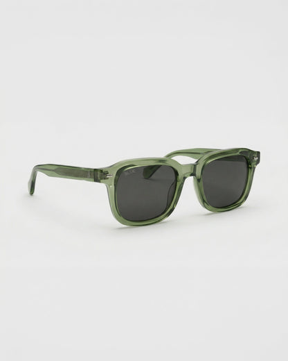 Billie Sunglasses Nova in olive green with black lenses, three-quarter view