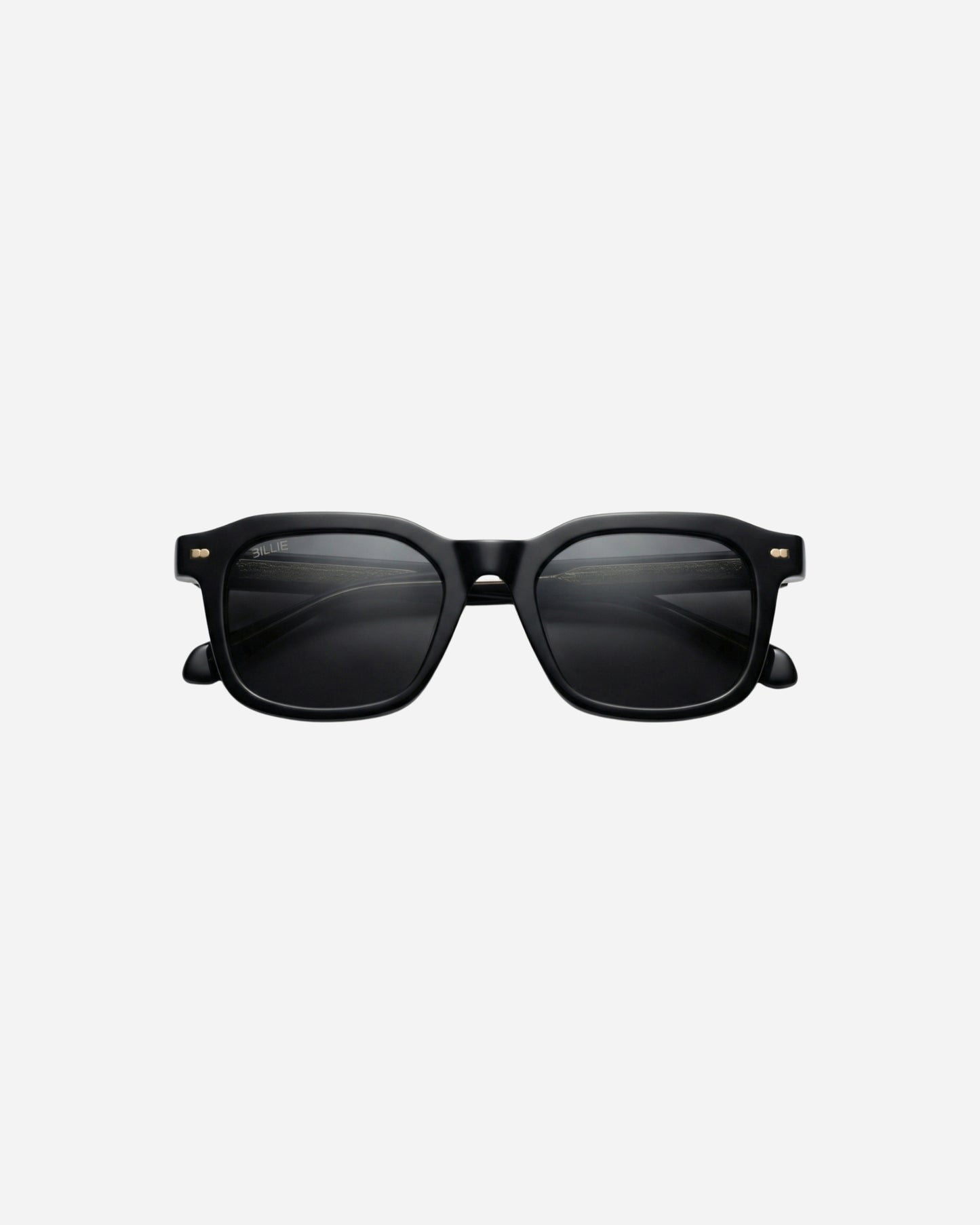 Black sunglasses with a square frame on a plain background