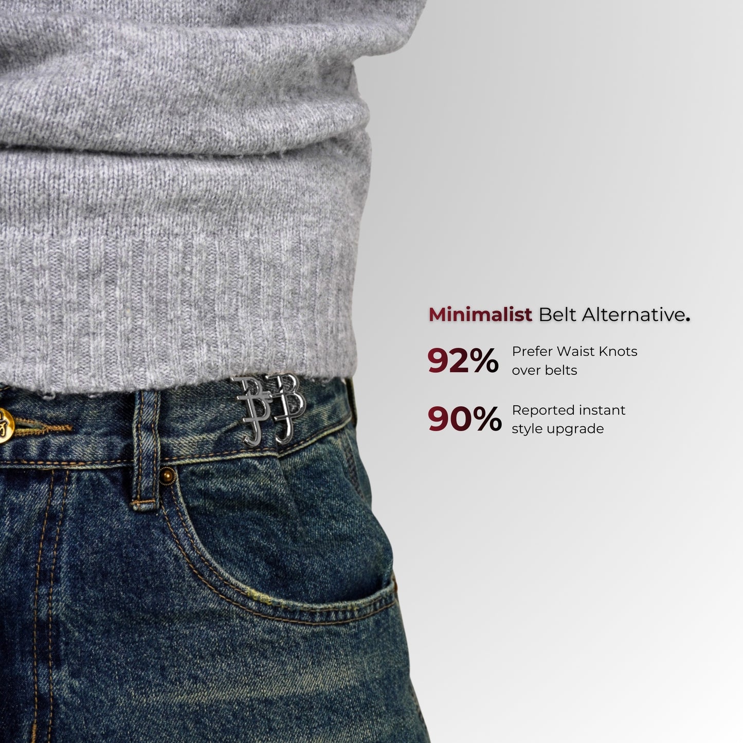 Waist knot on jeans with text about minimalist belt alternatives