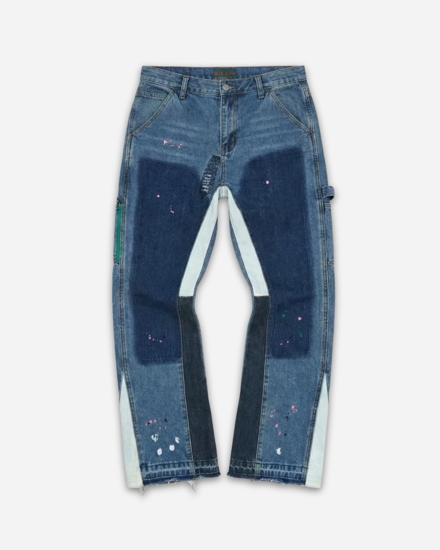 Patchwork jeans with various shades of blue and paint splatters, displayed on a plain background.