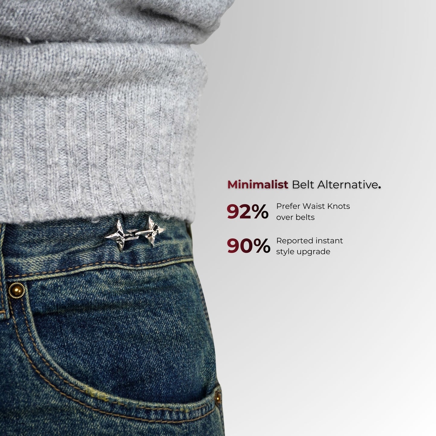 Person wearing a gray sweater and blue jeans with waist knots, text about waist knots on a white background