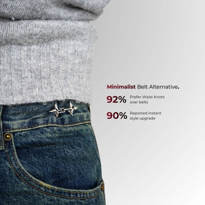 Person wearing a gray sweater and blue jeans with waist knots, text about waist knots on a white background