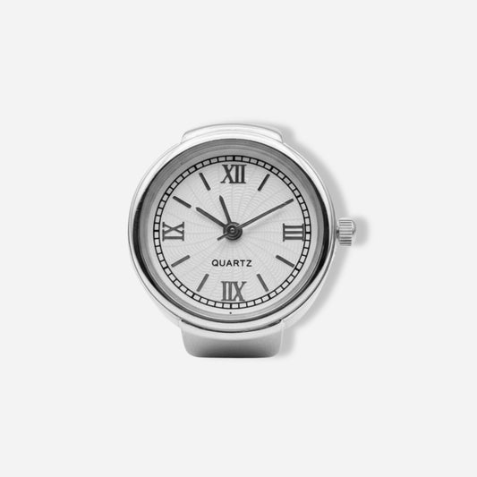 Silver ring watch with white face and Roman numerals on a light gray background