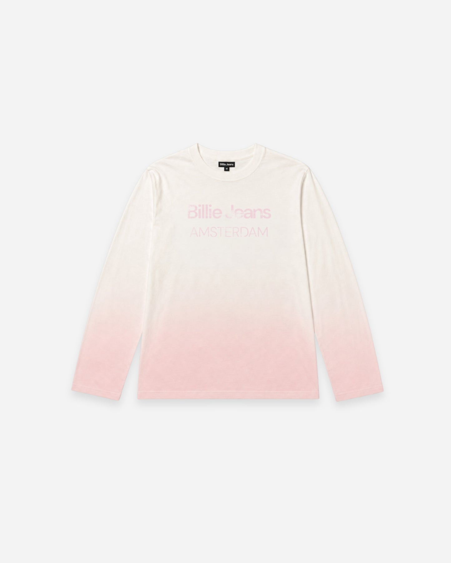 Long-sleeve shirt with a gradient from white to pink and text on the front.