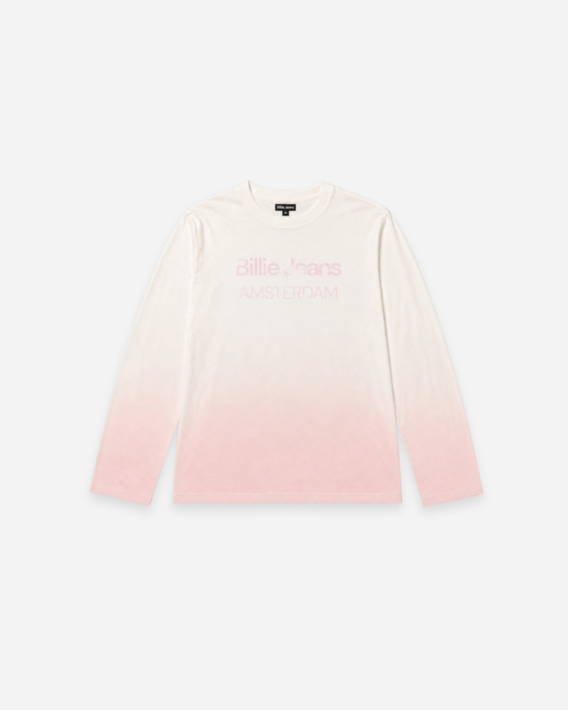 Long-sleeve shirt with a gradient from white to pink and text on the front.