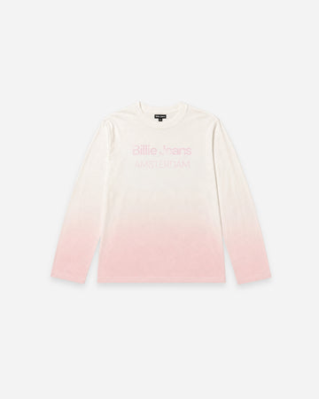 Long-sleeve shirt with a gradient from white to pink and text on the front.