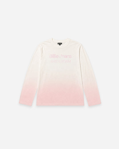 Long-sleeve shirt with a gradient from white to pink and text on the front.