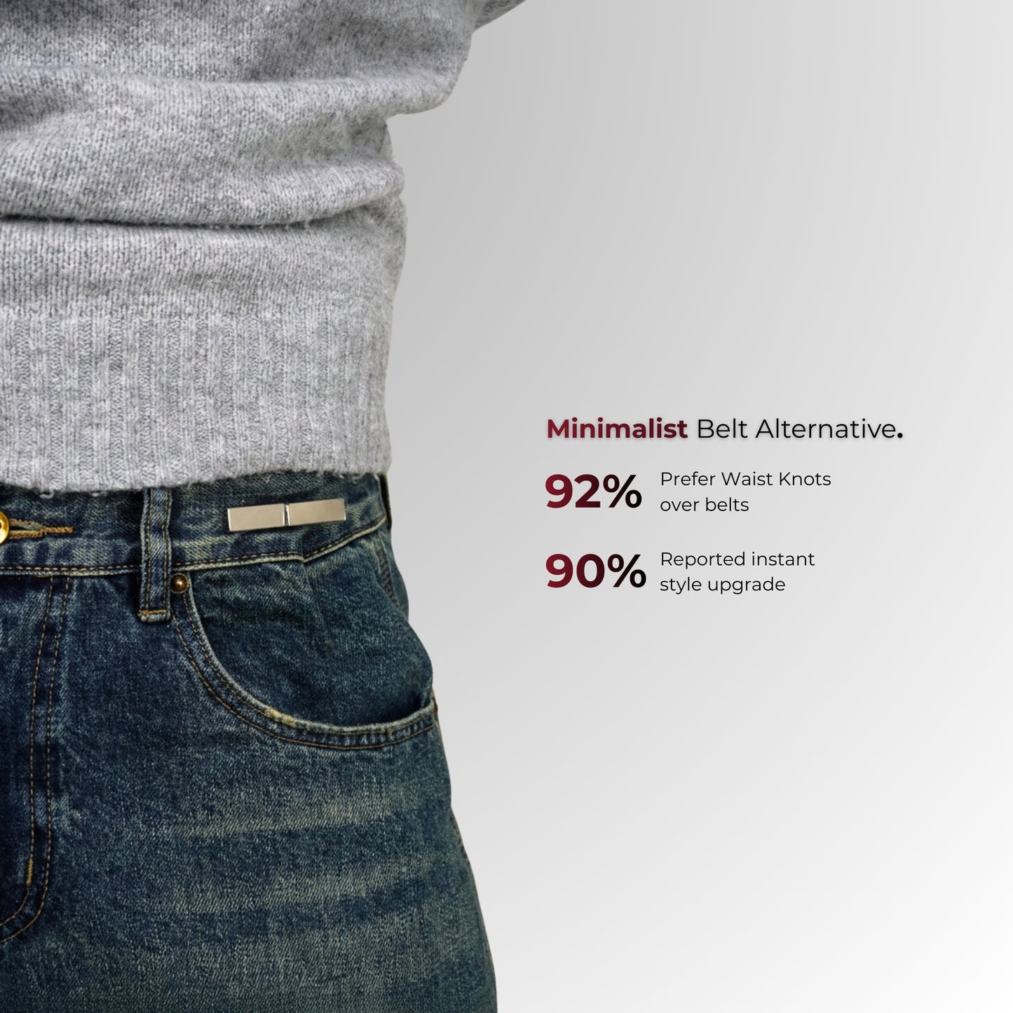Person wearing jeans with a belt, showing text about minimalist belt alternatives.