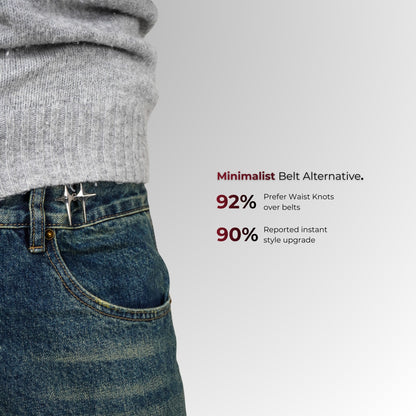 Person wearing jeans with a minimalist belt alternative displayed on a gray background
