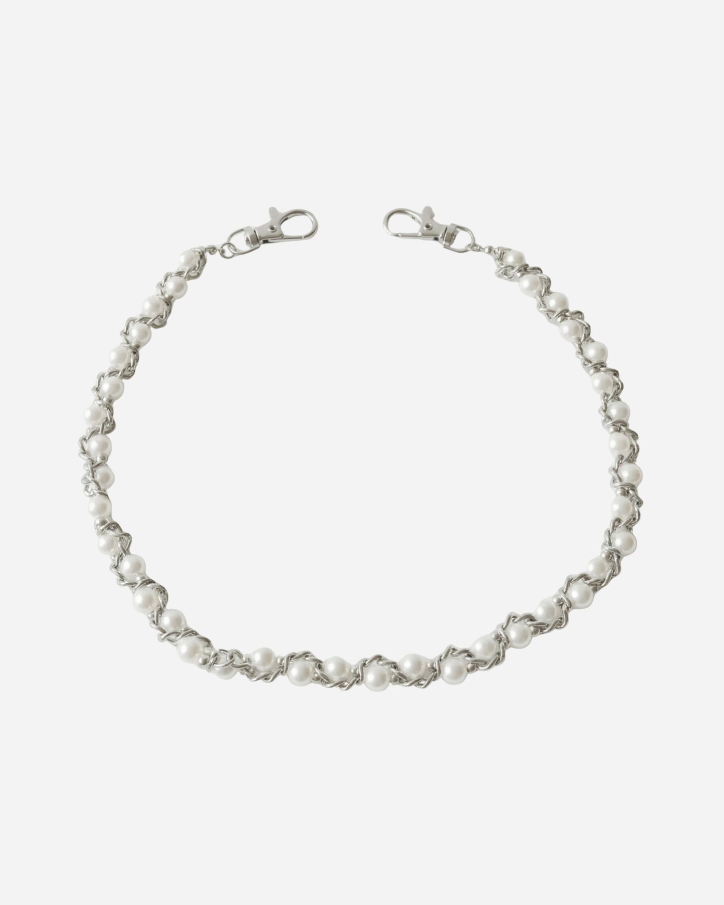 Silver chain with round white beads, displayed on a plain background.