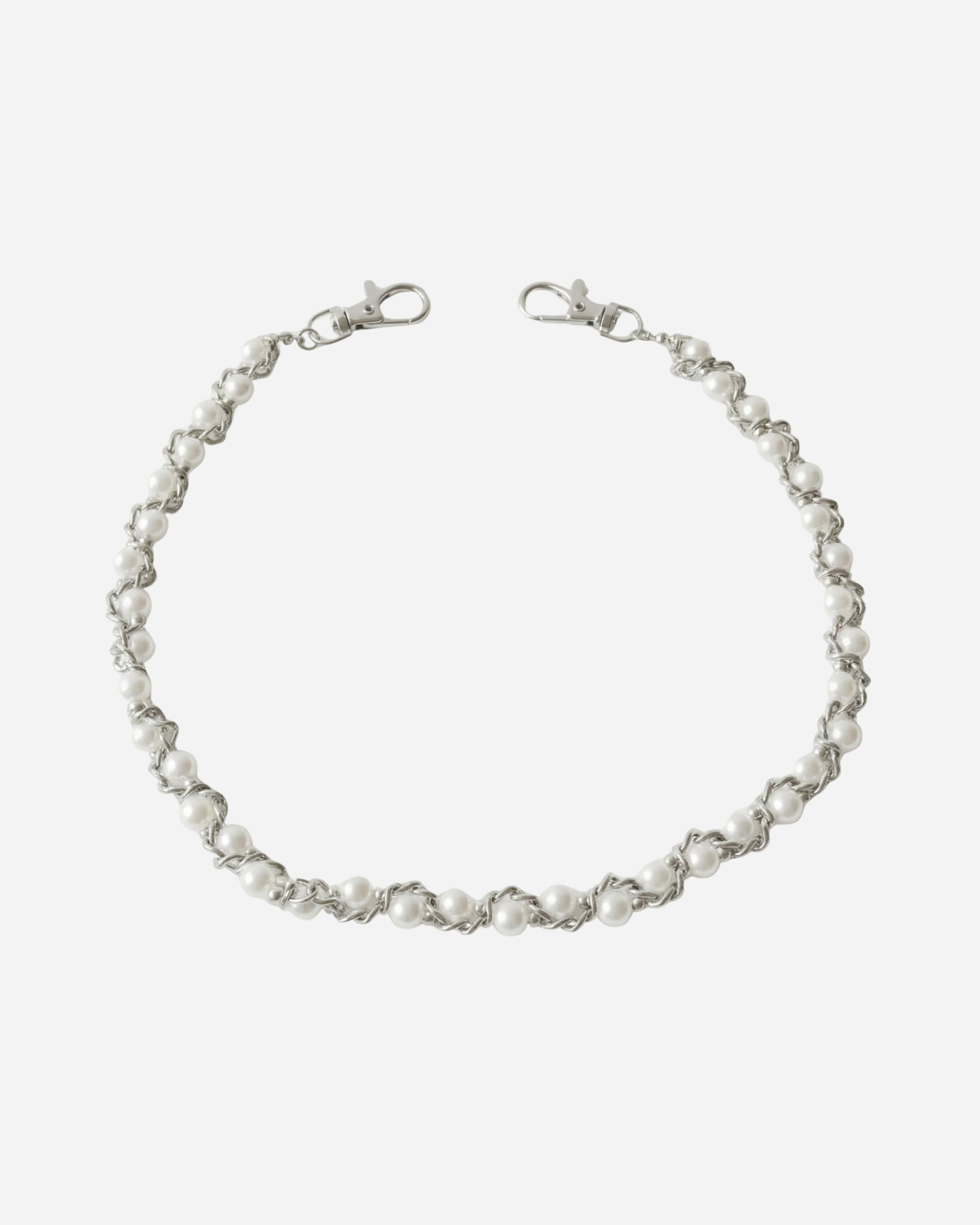 Silver chain with round white beads, displayed on a plain background.