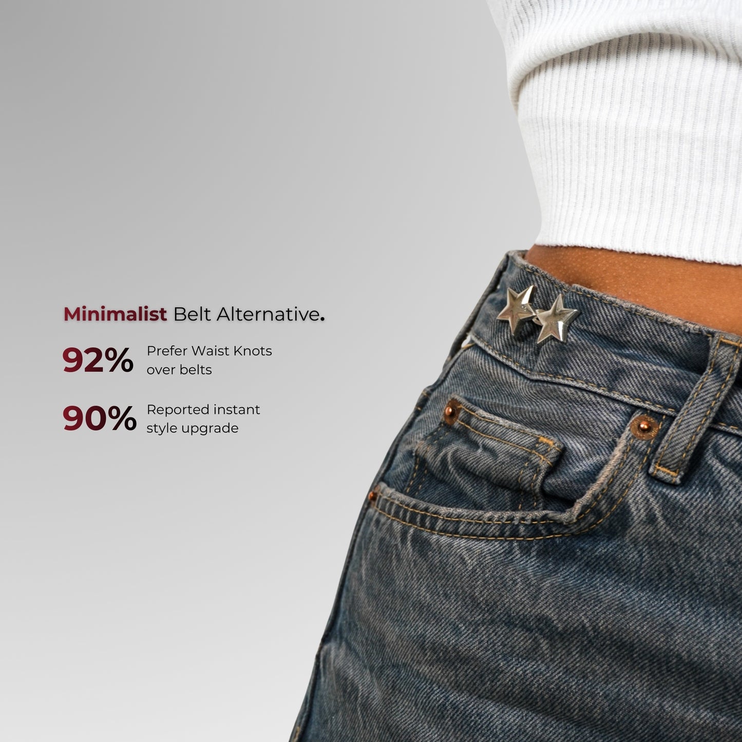 Person wearing blue jeans with waist knots on a gray background, featuring text about waist knot preferences.