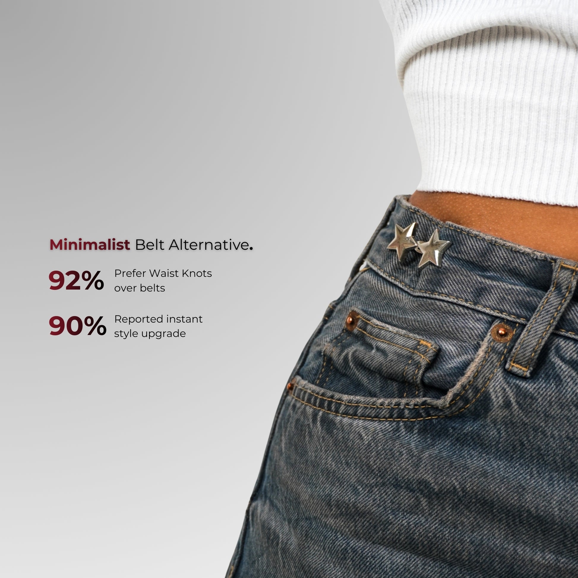 Person wearing blue jeans with waist knots on a gray background, featuring text about waist knot preferences.