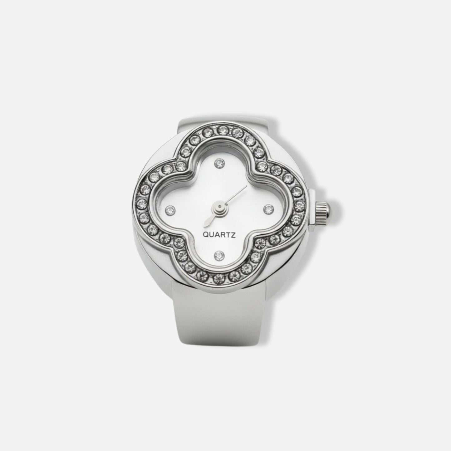 Silver ring watch with gemstone accents on a white background