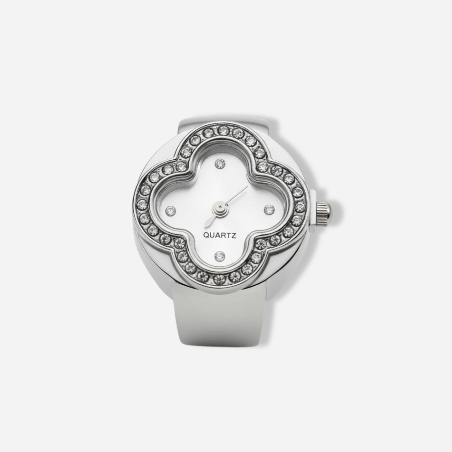 Silver ring watch with gemstone accents on a white background