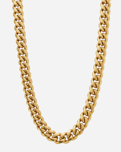 Gold chain necklace with interlocking links on a plain background