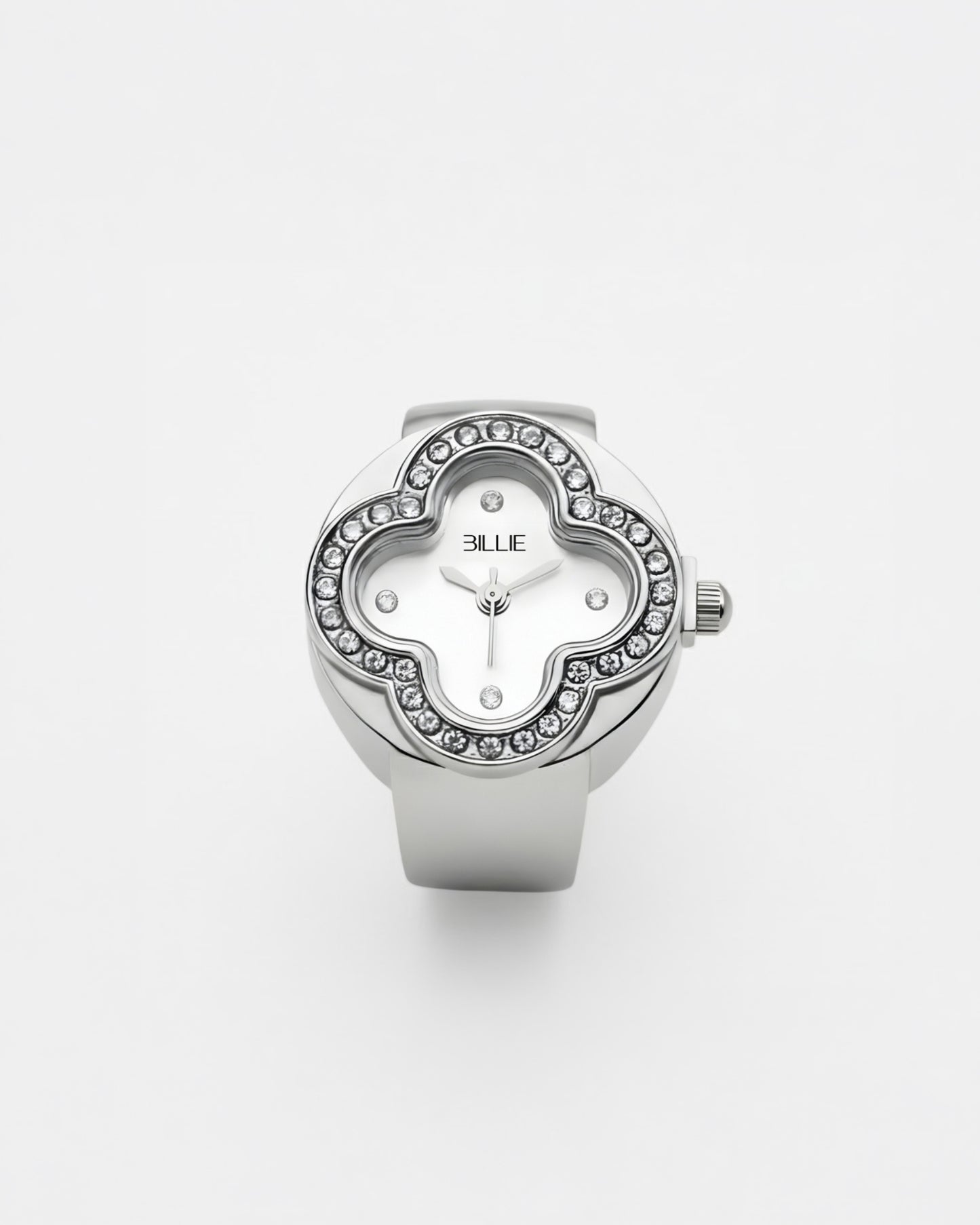 Silver watch with a white face and a decorative crystal border.