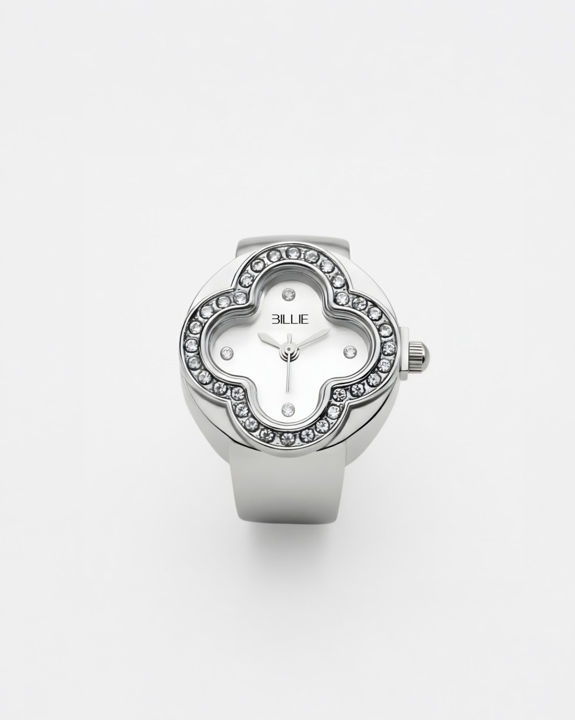 Silver watch with a white face and a decorative crystal border.