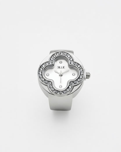 Silver watch with a white face and a decorative crystal border.
