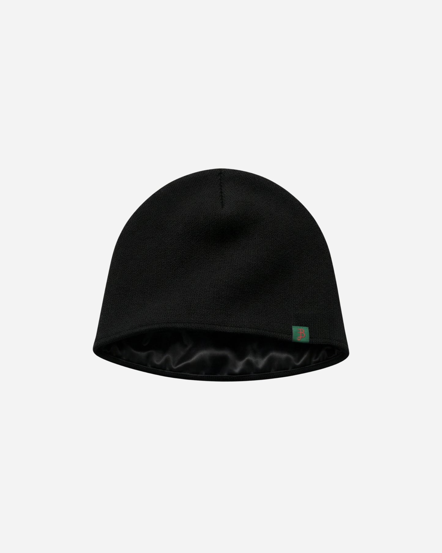 Black beanie hat displayed on a plain white background.