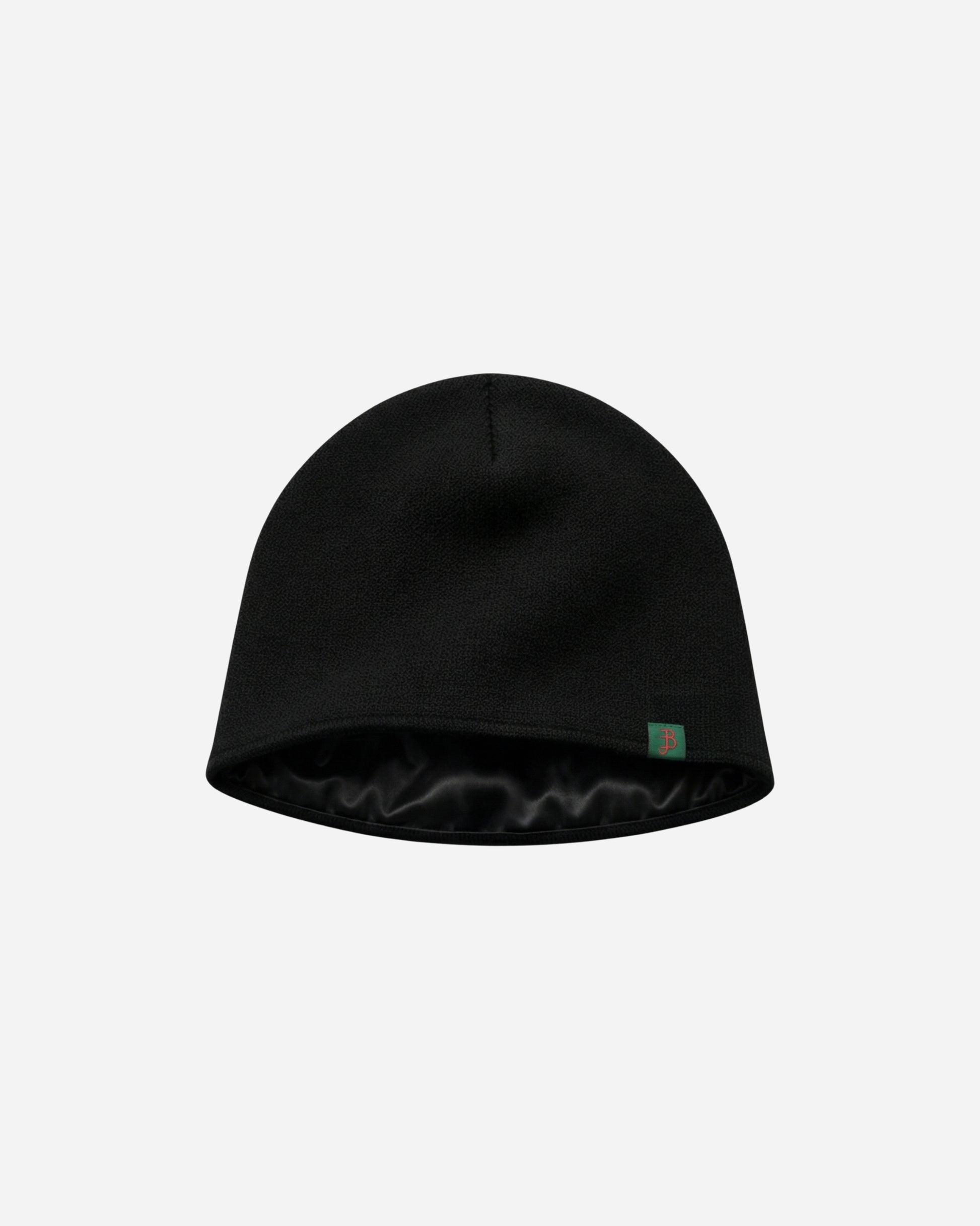 Black beanie hat displayed on a plain white background.