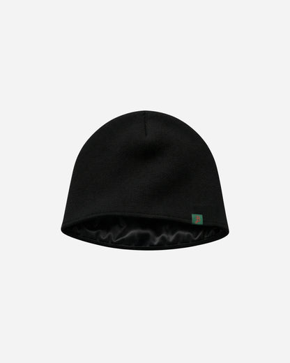 Black beanie hat displayed on a plain white background.