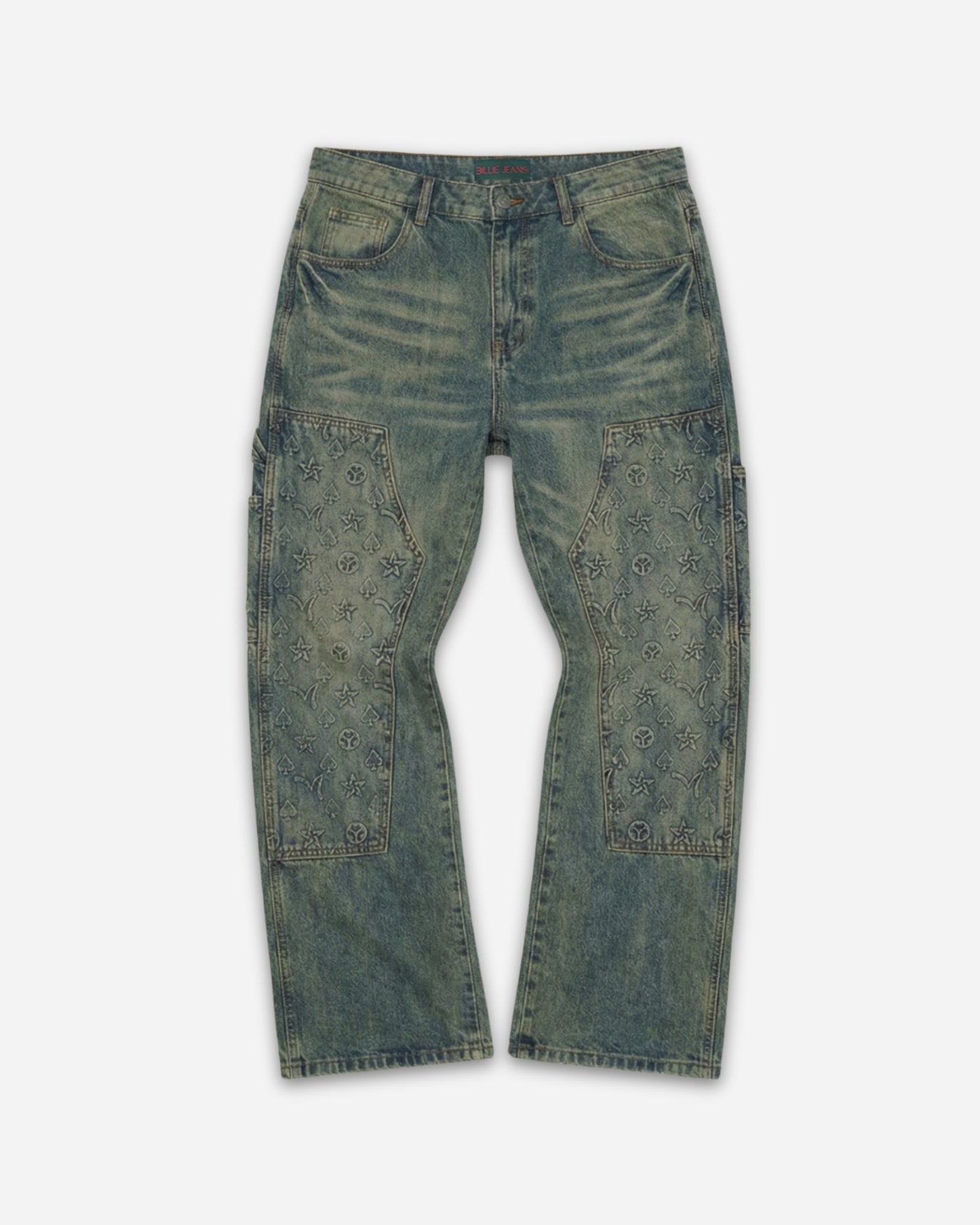 Light blue jeans with decorative stitching on the sides.