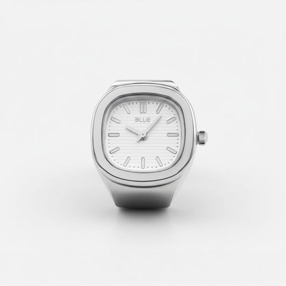 Silver watch with a white face on a light gray background