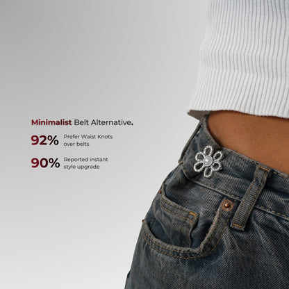 Flower belt buckle on jeans with text about minimalist belt alternatives.