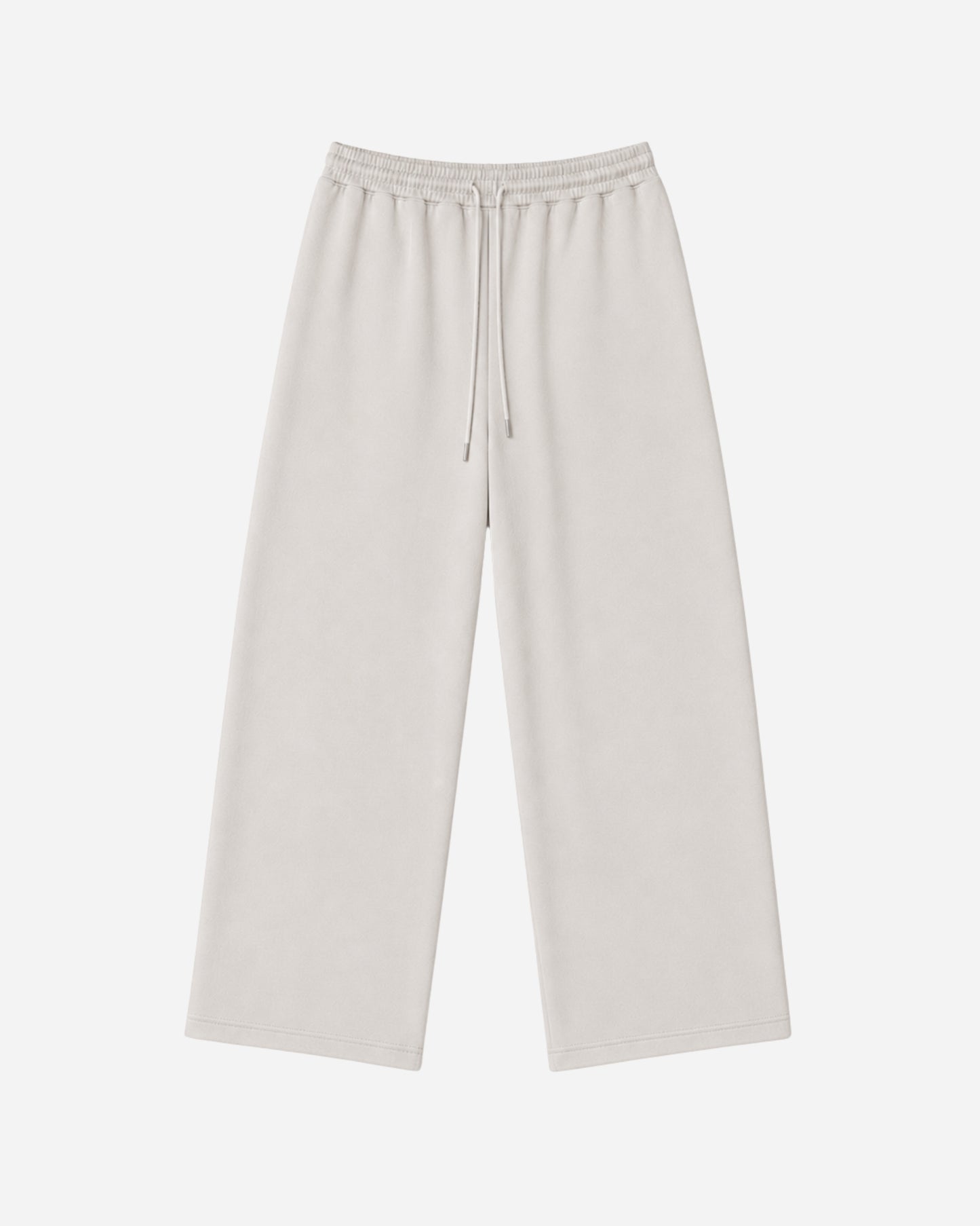 Light-colored wide-leg pants with an elastic waistband and drawstring.