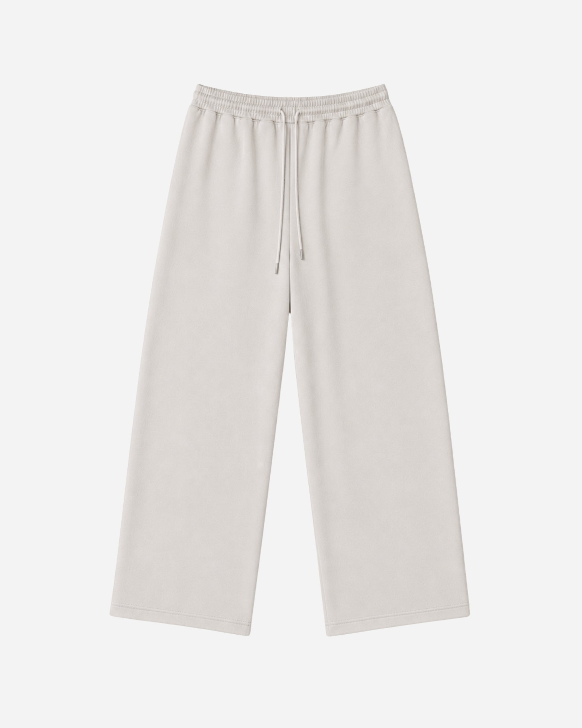 Light-colored wide-leg pants with an elastic waistband and drawstring.