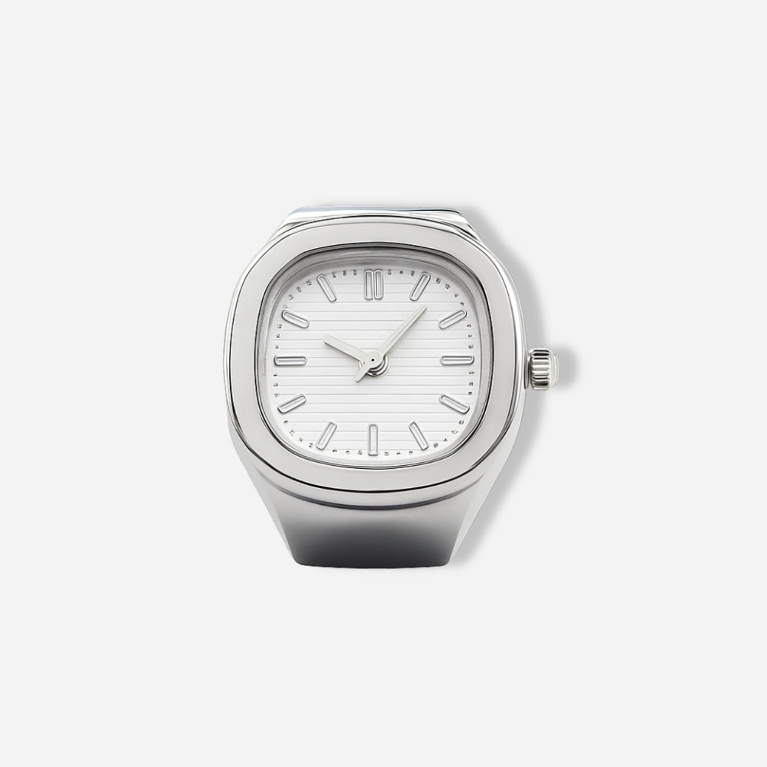 Silver ring watch with a white face on a light gray background