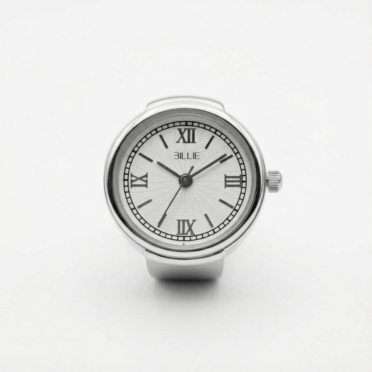 Silver watch with Roman numeral markers on a white background