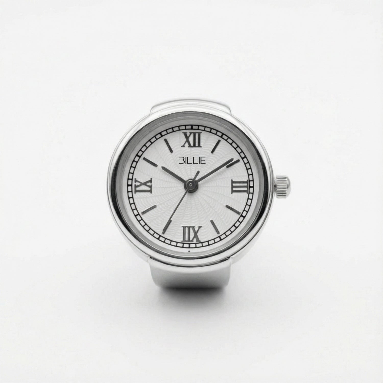 Silver watch with Roman numeral markers on a white background
