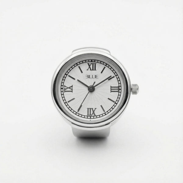 Silver watch with Roman numeral markers on a white background